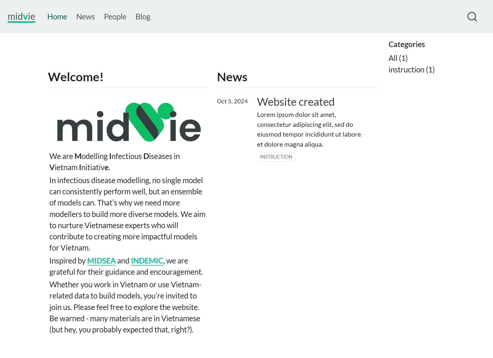The first MIDVIE website from October 2024: a plain page with a large green MIDVIE wordmark and a short welcome message.