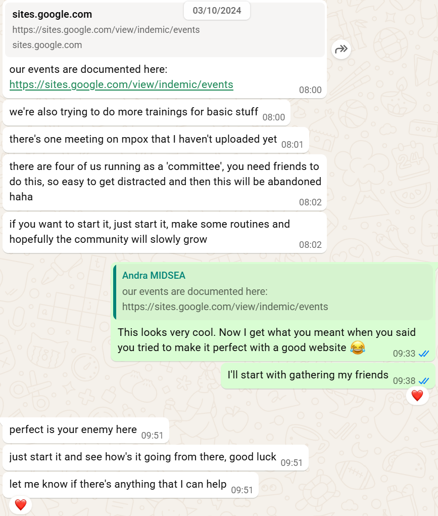 A chat from 3 October 2024 in which Andra advises just starting, and Thinh replies that he will begin by gathering his friends.
